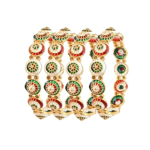 Jewar Mandi Bangle Set Kundan Ad Cz Traditional Indian Design Multicolor Handmade Enamel Work Meenakari Bracelets Gold-Plated 4 Piece Kada Ad Cz Multi-Stones Jewelry (Multi-Color Kundan-3, 2.6)