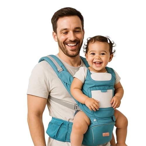 Motherly Embrace Baby Carrier with Detachable Hip Seat – English Blue | 6-in-1 Adjustable Hands-Free Carrier for 0 to 2 Year Baby | Infant & Toddler Carrier with Head Shield & Buckle Straps