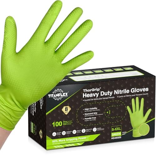 TitanFlex Heavy Duty Green Industrial Nitrile Gloves, 8-mil, Medium, Box of 100, Latex Free, Raised Diamond Texture Grip, Powder Free, Food Safe, Rubber Gloves, Mechanic Gloves