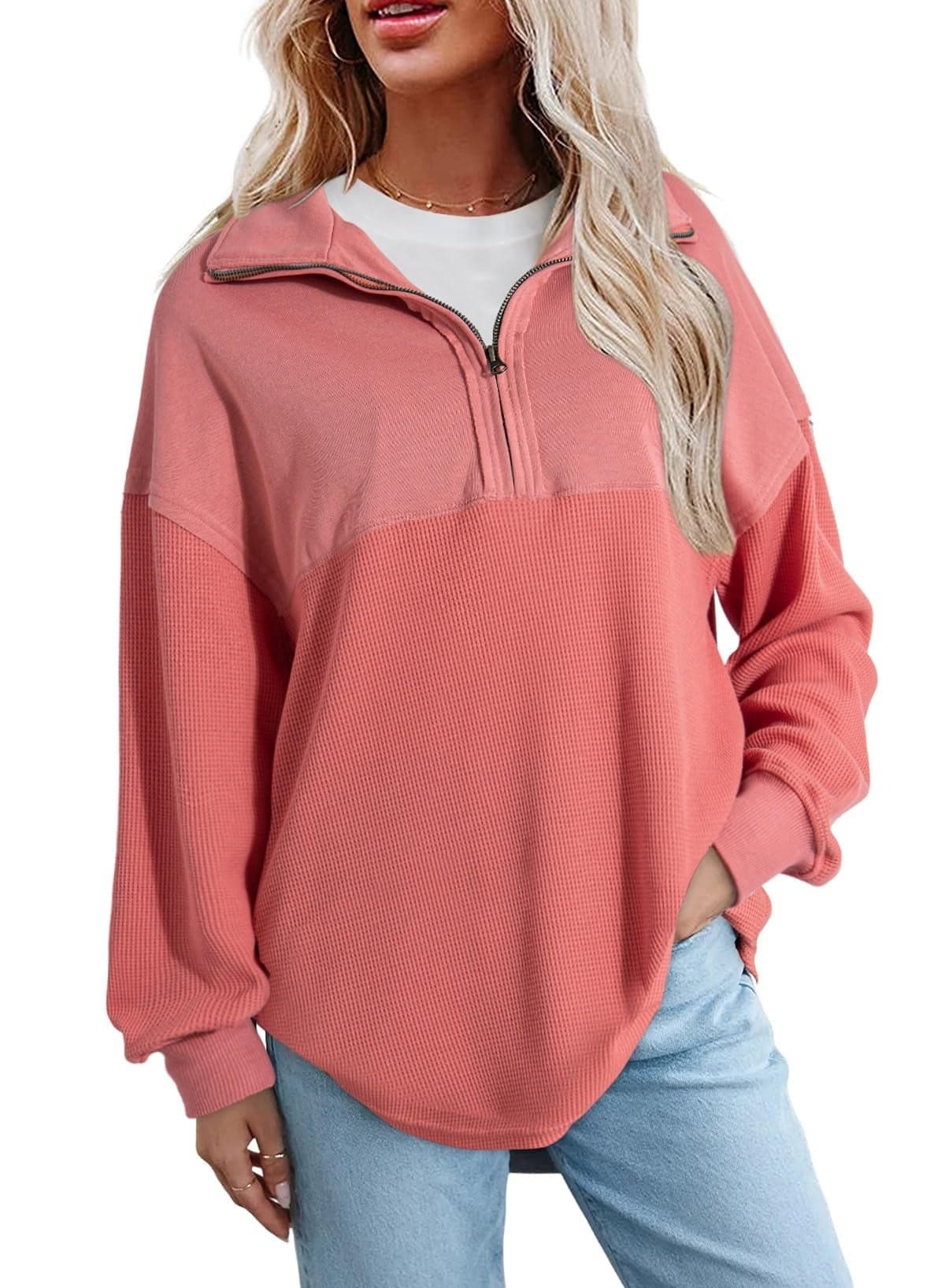 SHEWIN Womens Sweatshirts Casual Waffle Knit Tops Half Zip Pullover Long Sleeve Shirts Quarter Zip Trendy Fall Outfits Oversized Clothes 2025 Large Brick Red