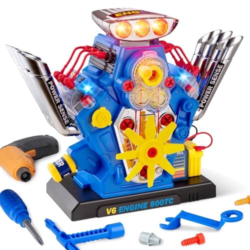 POFJOEQ STEM New V6 Engine Model Building Kit60Piece Take Apart Toy with Realistic Lights Sounds Tools Mechanic Repair Playset for Kids Ages 35
