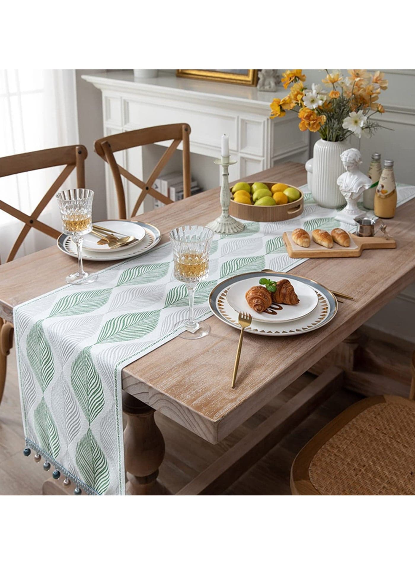 Cotton Linen Table Runner Spring Runners Farmhouse Green Leaves Macrame Coffee Runner with Handmade Tassels for Restaurant Hotel Cafe Home Kitchen Dining Holiday Wedding Party