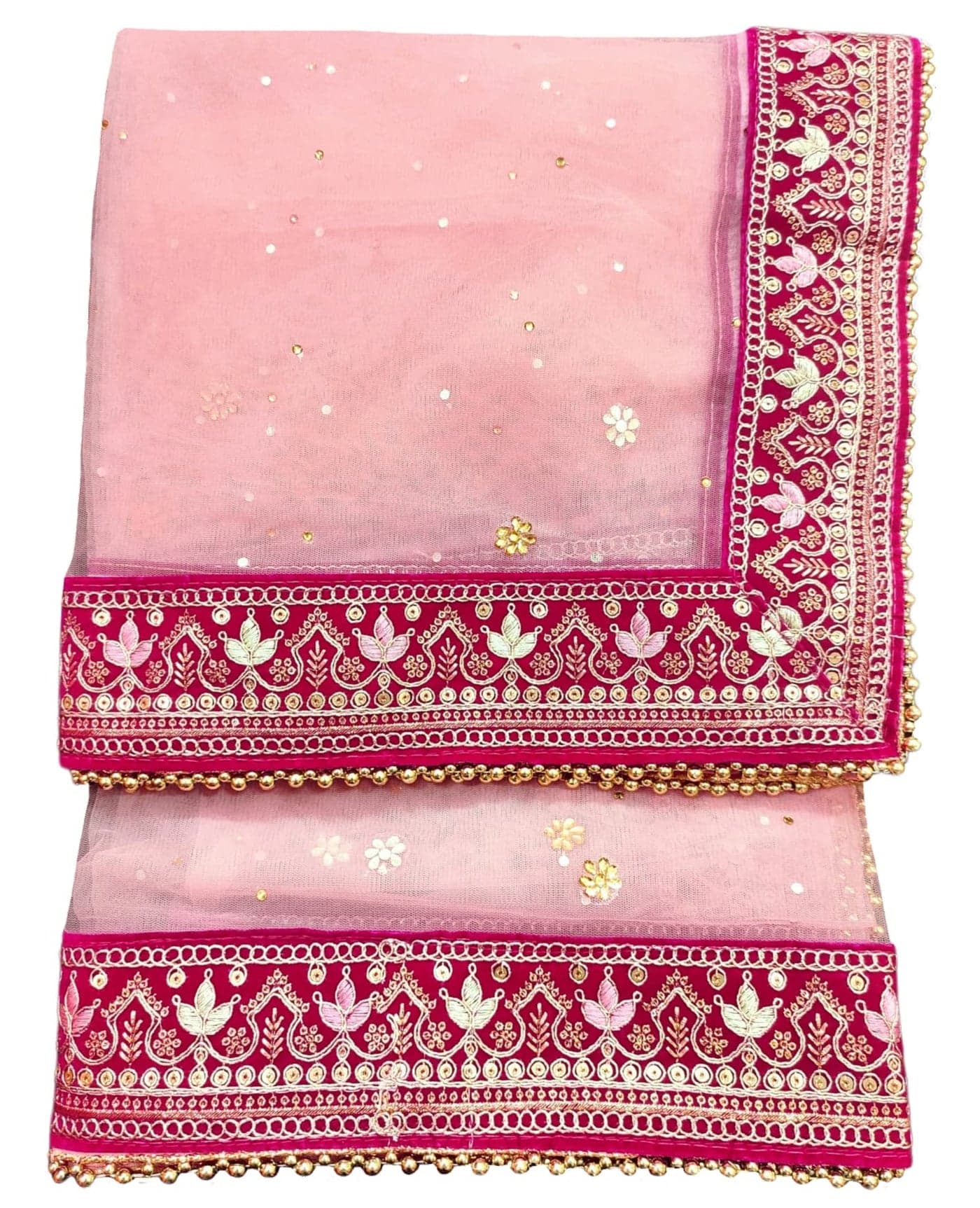 Navti Creations Wedding Bridal Women's Net Dupatta With Temple Design Embroidery Border (Full Stone work, Length -2.25m, Border Width -6cm, 4side moti lace) (Peach-Pink)