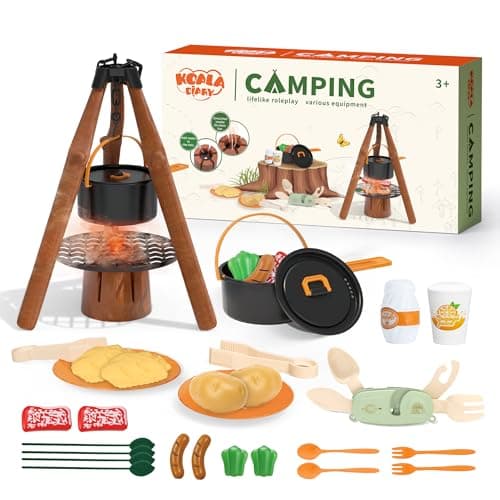 Kids Camping Toy Set Pretend Play Cooking Set with Spray Stove Food Toys Tableware Outdoor Toddler Campfire Toys for Ages 3