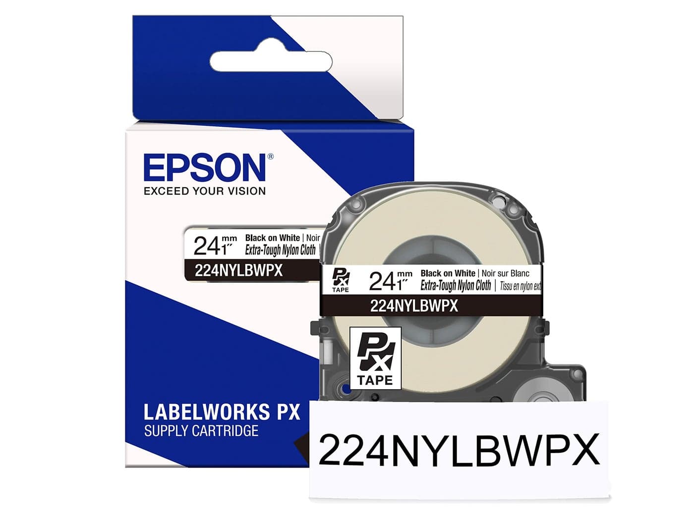 Epson LABELWORKS 224NYLBWPX Nylon Tape Cartridge - Black on White Industrial Label Maker Tape - 1" (24MM) Wide, 19'