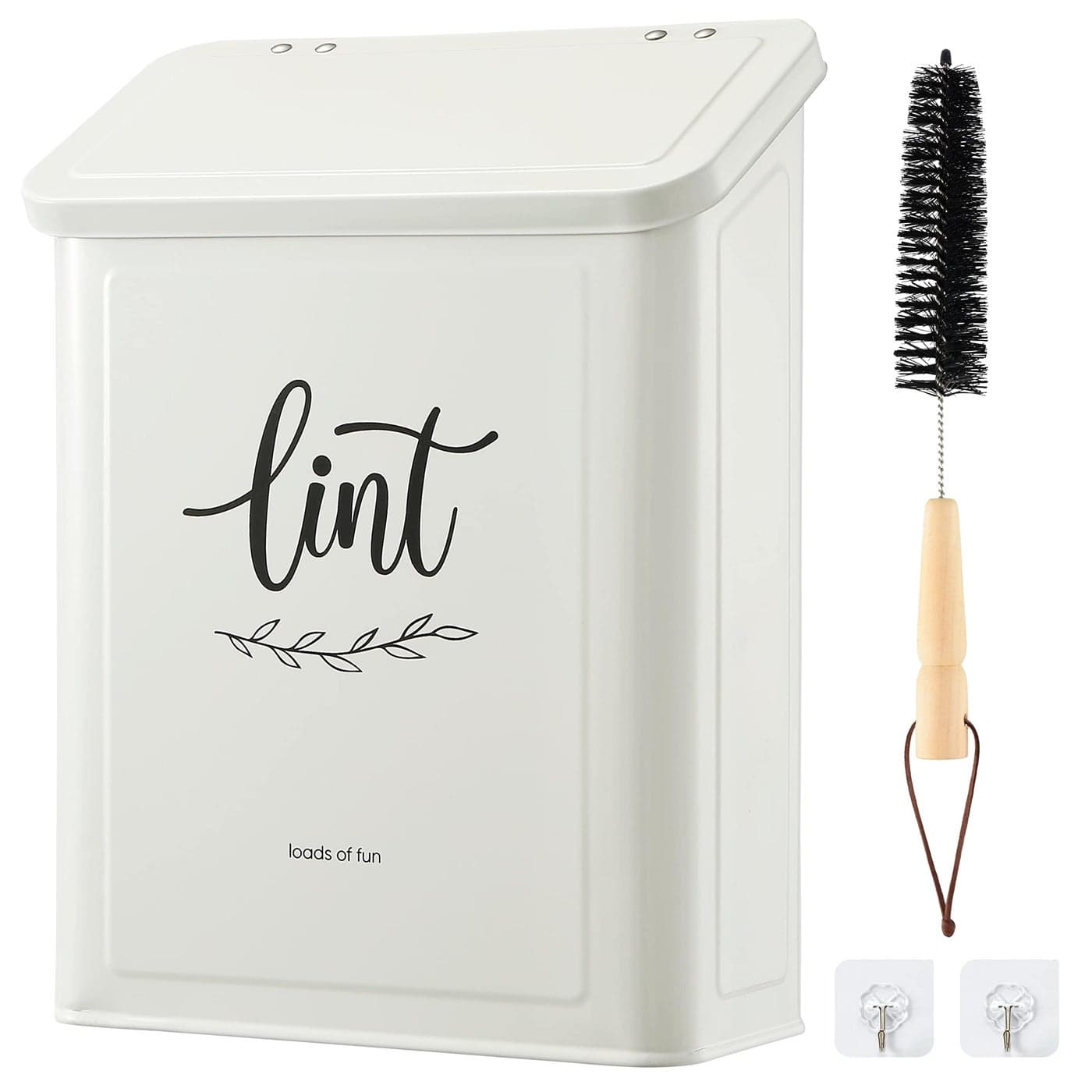 PERFNIQUE Magnetic Lint Bin for Laundry Room with Lint Brush Wall Mounted Lint Holder Trash can with lid for Dryer Modern Farmhouse Rustic Metal Laundry Room Storage Organization and DecorWhite