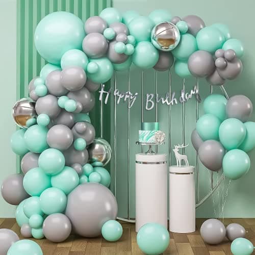 Special You Birthday Decoration Items Kit for Girls and Boys with Green, Gray and Silver chrome Balloons and Happy birthday Cursive Happy birthday Banner and arch tape for balloon garland- 55 Items