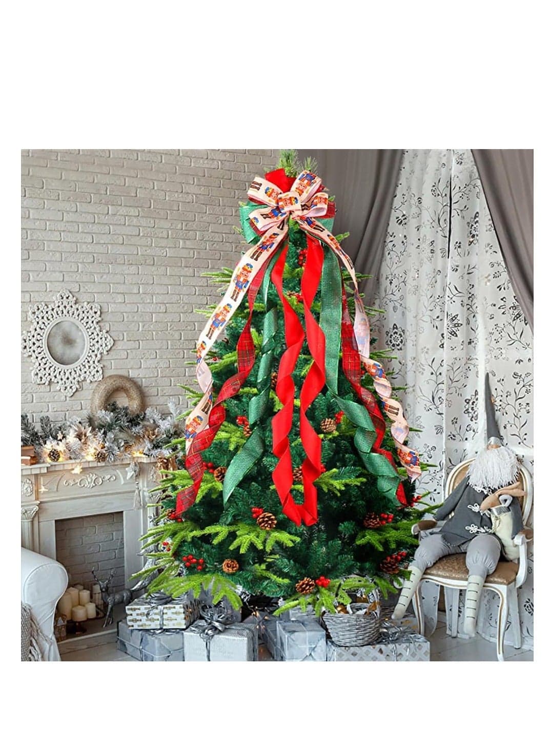 Tree Topper Bow Large Red Bow Ornaments Decoration Bow with Printed Ribbon for Family, Wedding, Birthday Party, Indoor Outdoor Home Xmas Tree Decor (Bow)