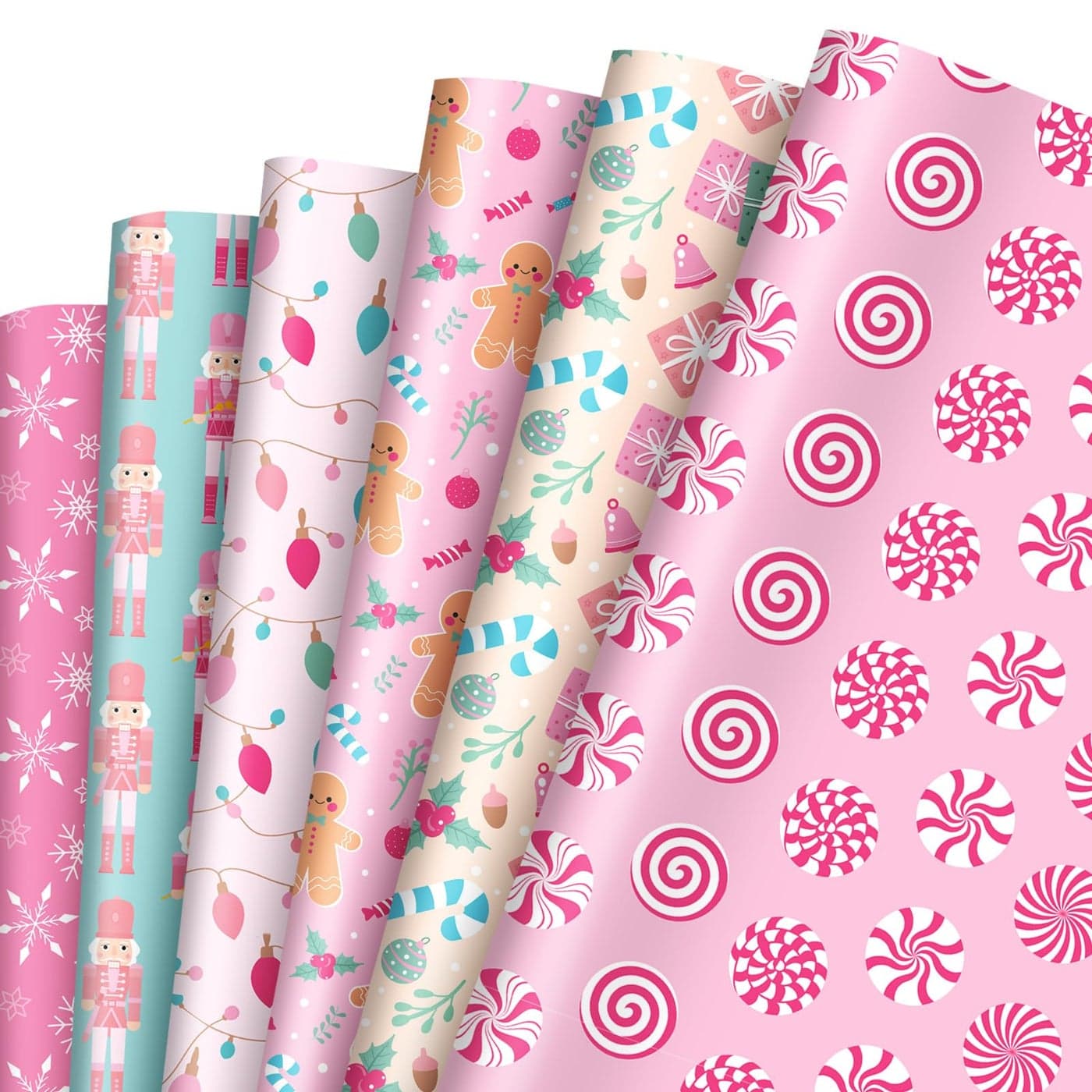 Whaline 12 Sheets Christmas Wrapping Paper Not Roll Pink Xmas Gingerbread Nutcracker Candy Cane Gift Wrap Paper Folded Flat for DIY Crafts Winter Birthday Baby Shower 197 x 276 Inch