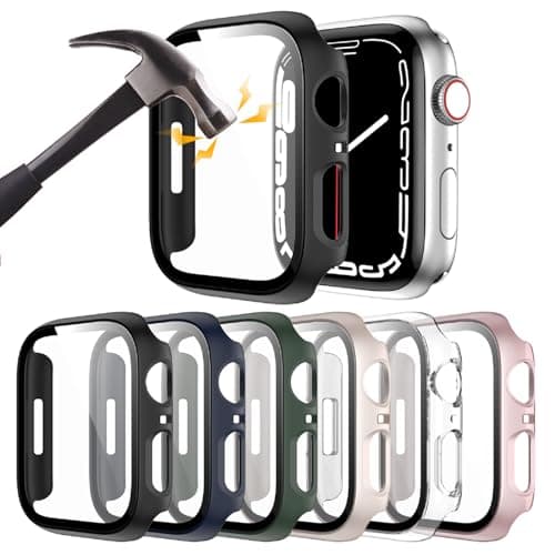 Rontion 6 Pack Hard PC Case with Tempered Glass Screen Protector Compatible with Apple Watch Series 9 8 7 45mm, Ultra-Thin Scratch Resistant Full Protective Bumper Cover for iWatch 45 Accessories