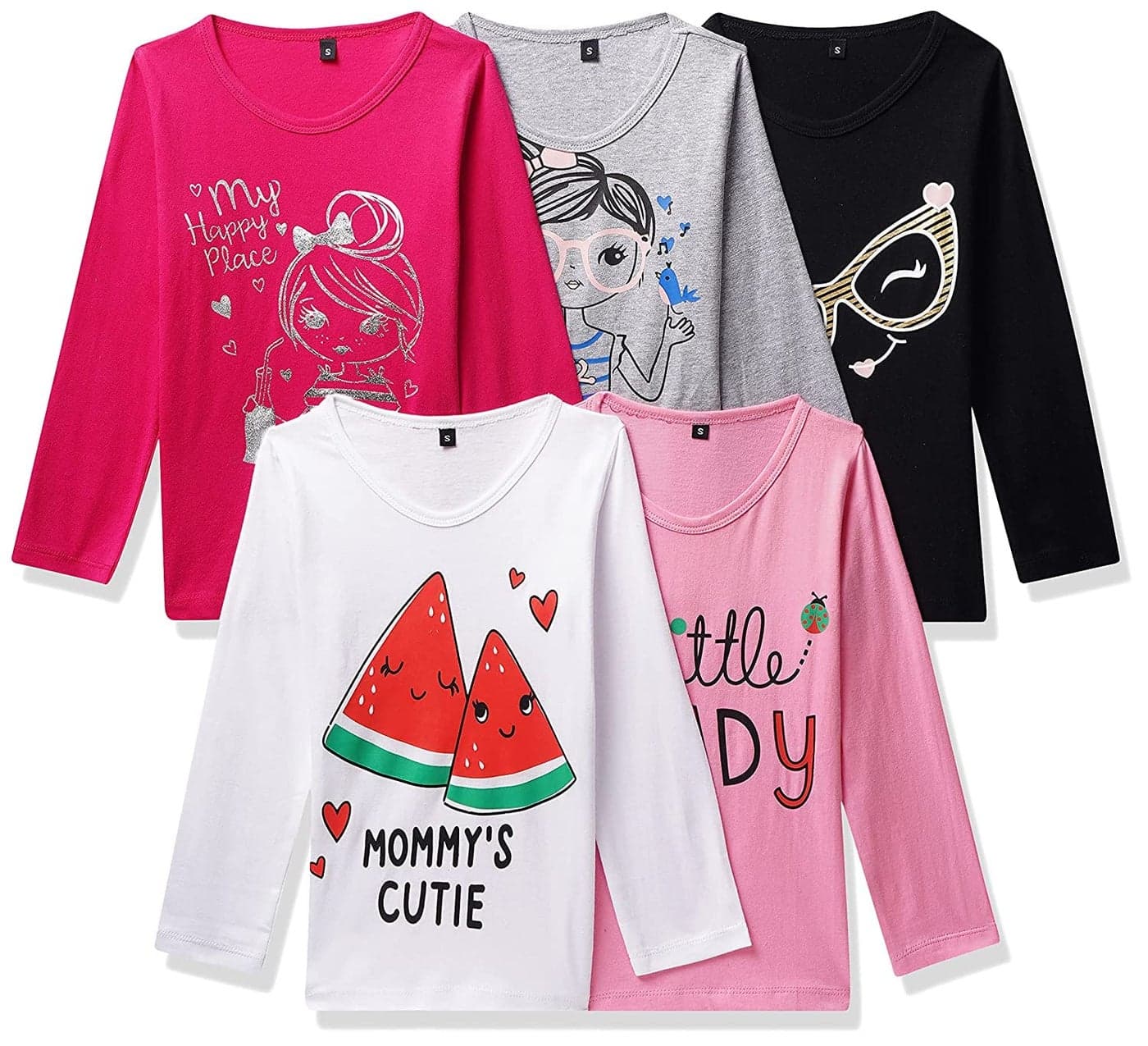 T2F Girl's Cotton Printed Regular Fit Full Sleeve T-Shirt(Pack of 5)