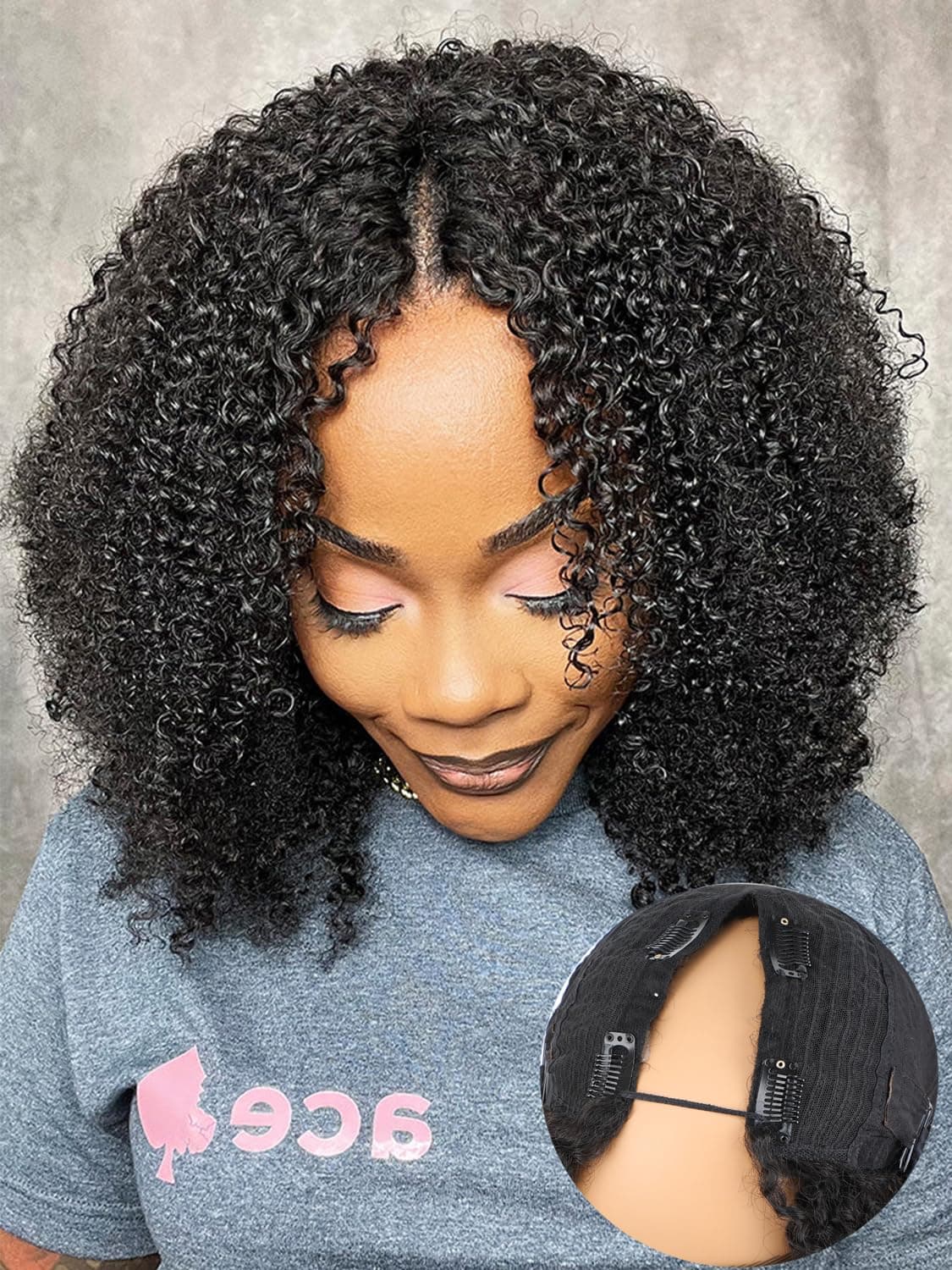 ISEE V Part Human Hair Kinky Curly MinimalNo Leave Out Upgrade U Part Wig for Black Women Human Hair V Shape Wig Kinky Curly Thin Part Glueless Clip In Half Wig 180 Density Natural Color 24 Inch