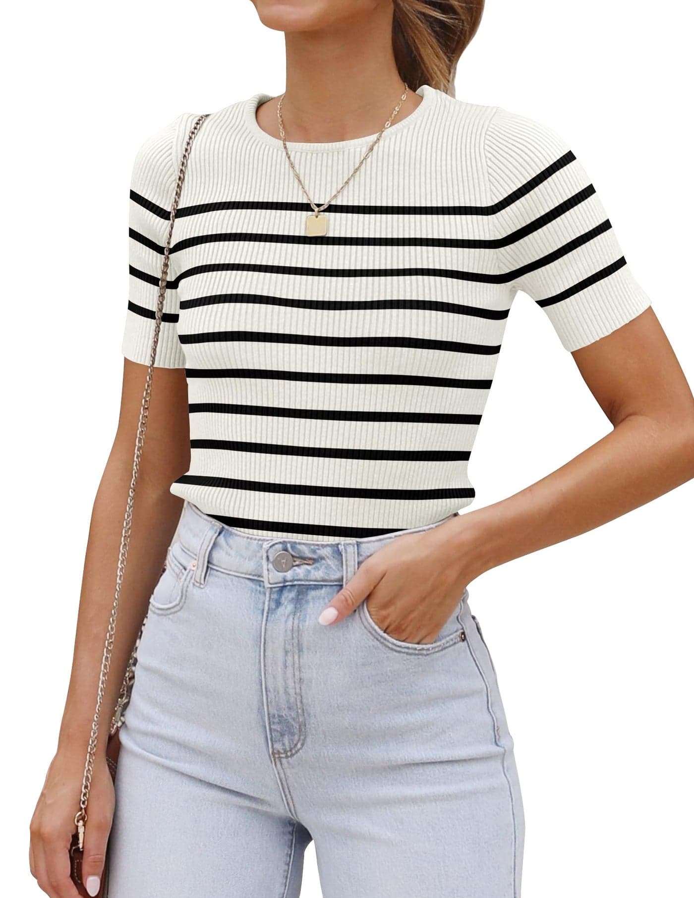 ZESICA Women's Short Sleeve Crewneck Striped T Shirt 2025 Summer Ribbed Knit Slim Fit Casual Basic Tee Tops,White,Large