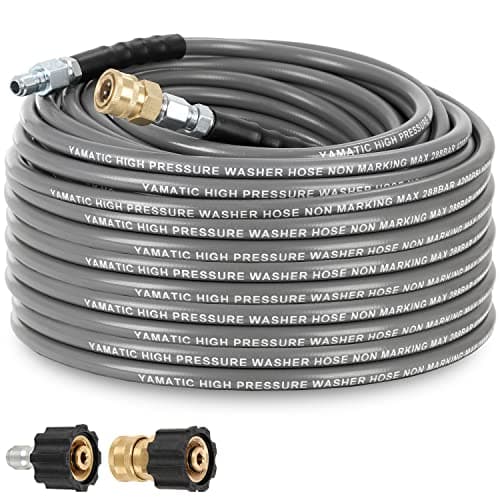 YAMATIC Non Marking 1/4" 4200 PSI Pressure Washer Hose 50 FT for Hot/Cold Water Rubber Wire Braided, Kink Resistant Swivel Quick Connection, Industry Grade for Power Washer, Super Wear Resistant