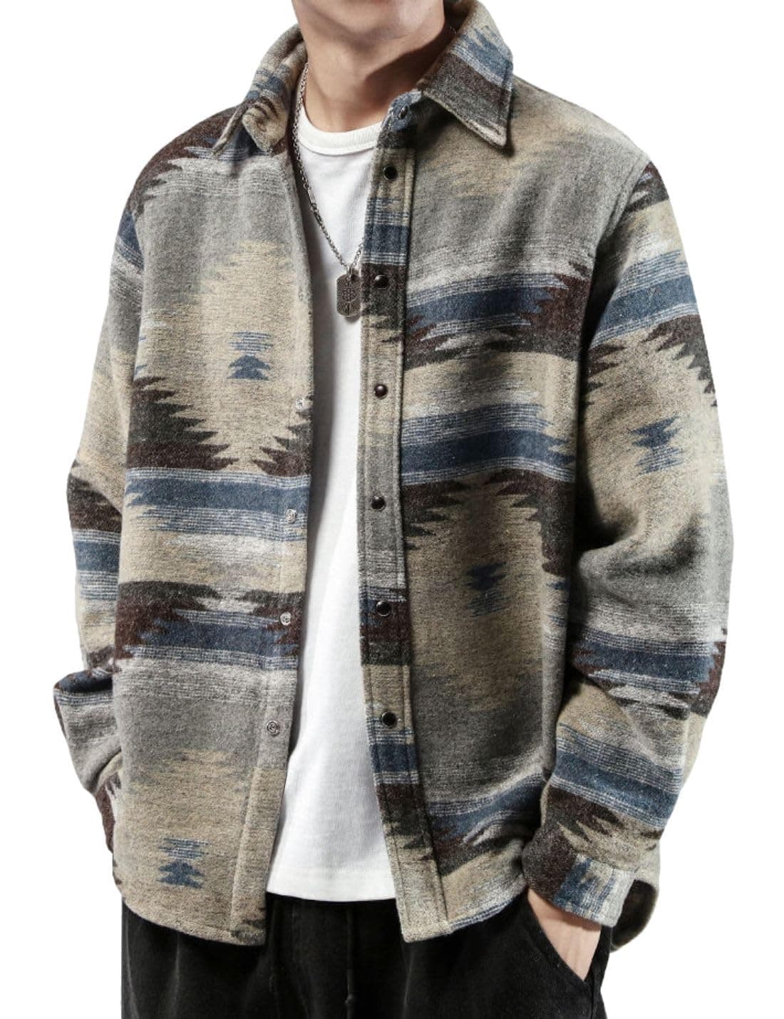 FindThy Mens Brushed Flannel Shirts Ethnic Aztec Print Button Up Lapel Tribal Shirt Jacket Shacket0682GreyXXLLB