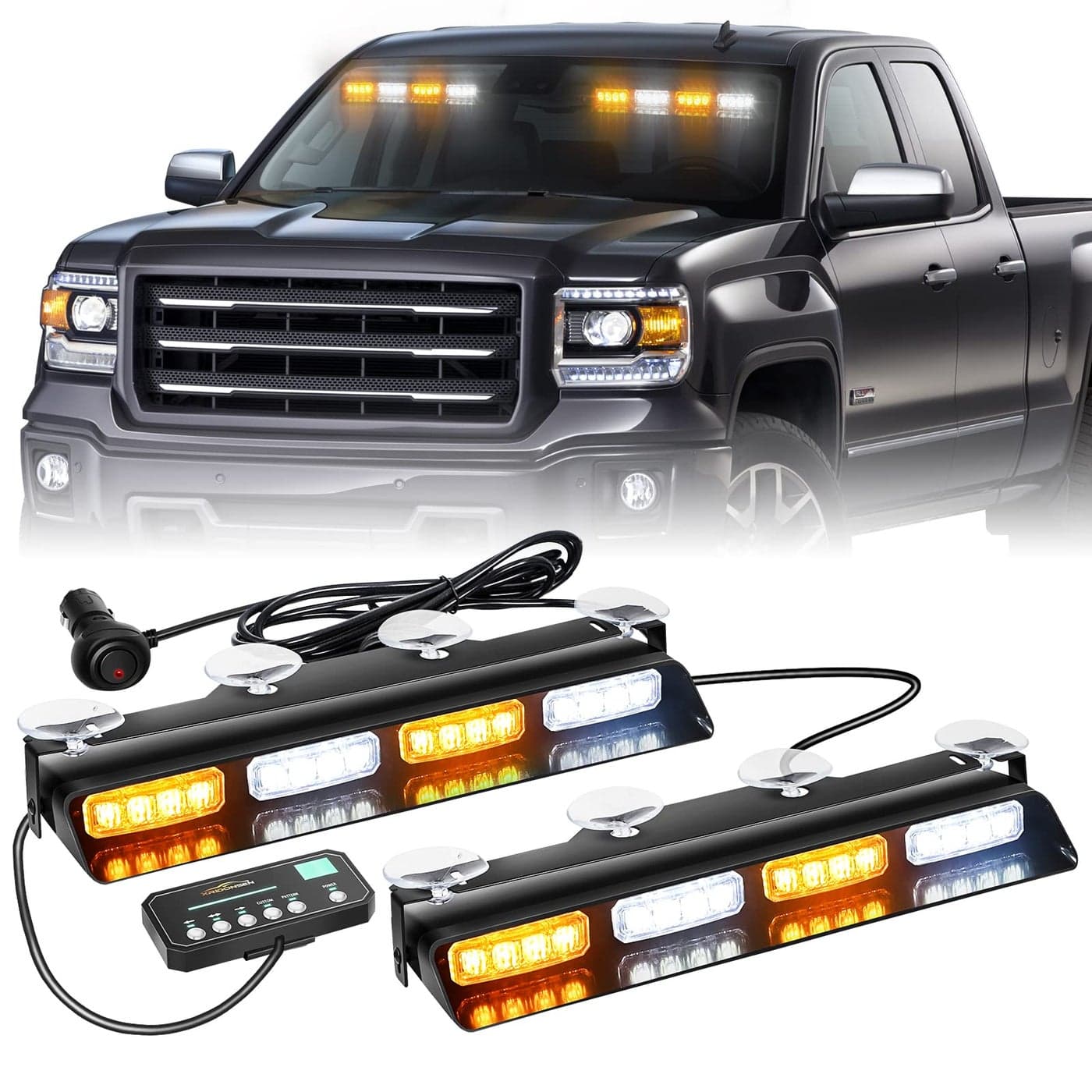 XRIDONSEN Emergency Dash Strobe Lights Safety Flashing Warning Hazard Interior FrontRear Windshield Deck Split Light Bar wSuction Cups for Construction Vehicles Trucks 2x14 inch Amber White