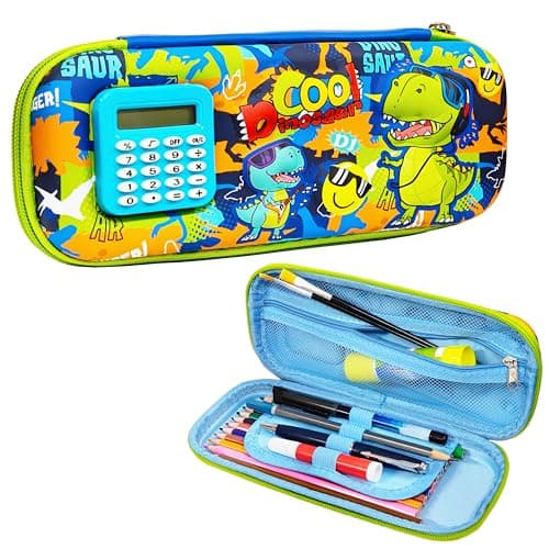 VGRASSP Stationery Pencil Pouch for Kids with Mini Calculator - Dinosaur Theme Zipper Case with Multi Storage Compartments - School Supplies Organizer - Multicolor