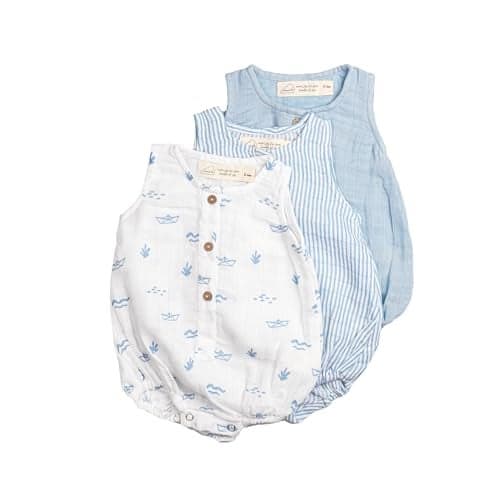 Masilo 100% Organic Cotton Baby Romper Multipack/Set of 3 Infant Wear/Soft and Comfortable Newborn Clothing/Print, solid and striped front buttoned bodysuit/Onesies for 0-6 months - Boats