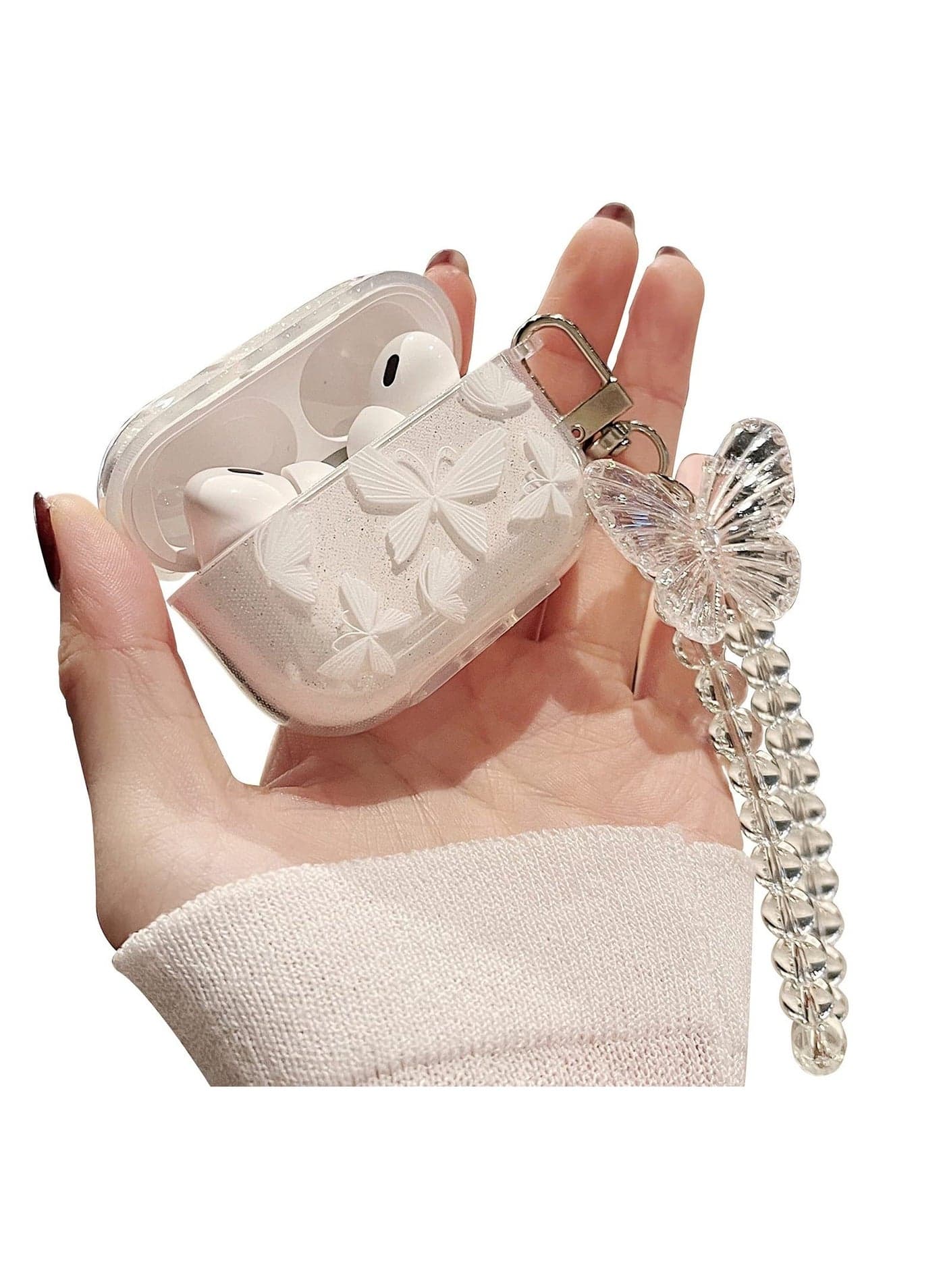 Glitter Silicone Case for Airpod Pro, with Keychain Butterfly Pattern Design Smooth Protective Soft Touch Shockproof Accents Girls