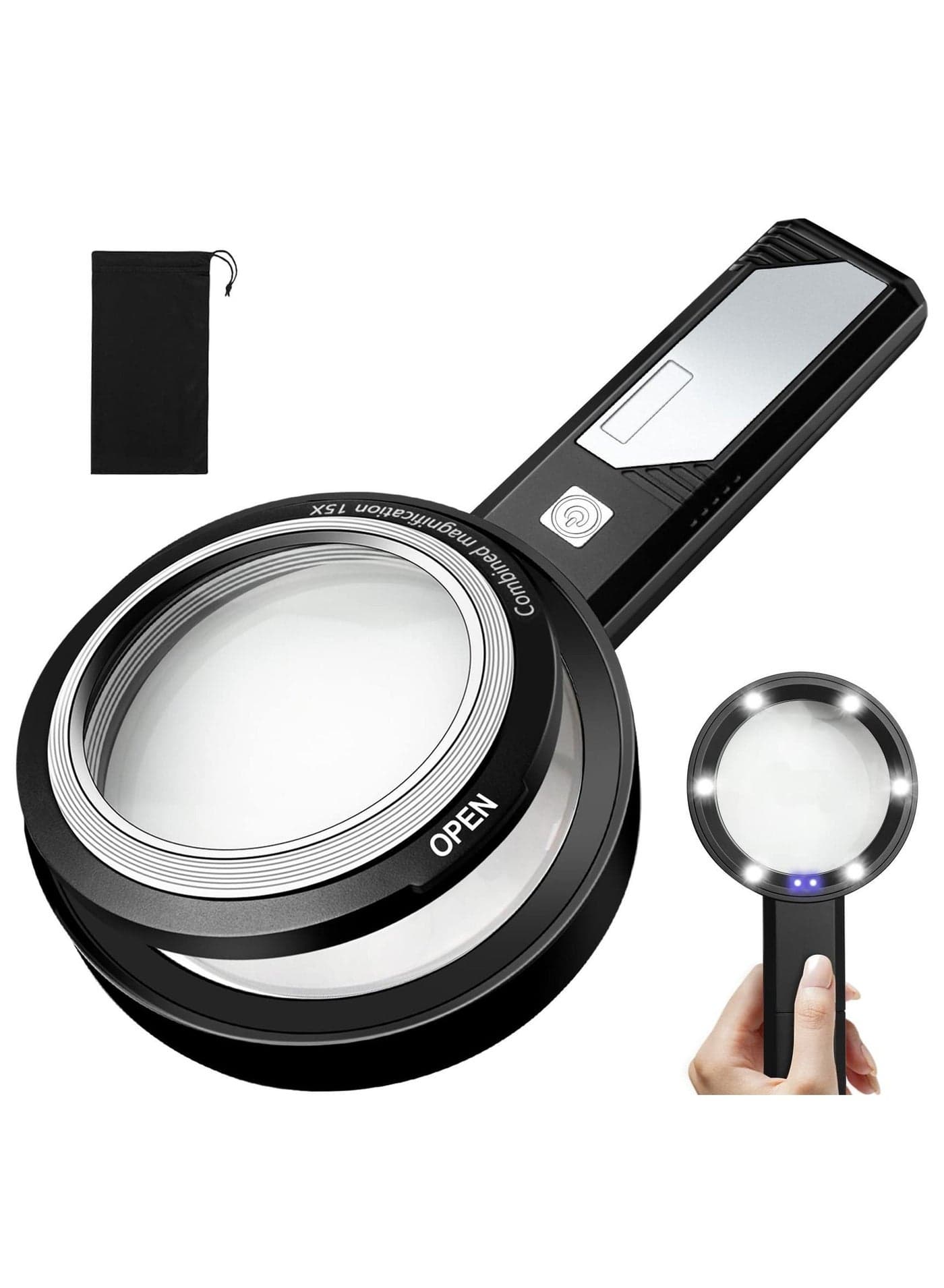 Magnifying Glass with Light 6X 9X15X Combined Illuminated Magnifier 6 LED 2 Purple Lighted Dual-Lens, Detachable Handheld For Seniors Read, Stamps, Map, Inspection.