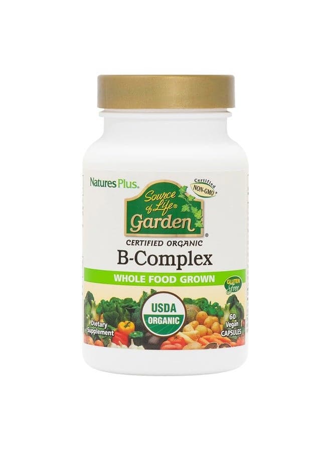 NaturesPlus Source of Life Garden Certified Organic B Complex - 60 Vegan Capsules - Complete Vitamin B Supplement, Energy Booster - Vegetarian, Gluten-Free - 30 Servings