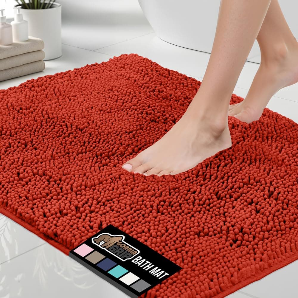 GORILLA GRIP Bath Rug Mat Thick Soft Absorbent Chenille Quick Dry Microfiber Mats Rubber Backing Washable Shower Floor Rugs US Designed Bathroom Bathmat Home Accessories 24x17 Sunset Orange