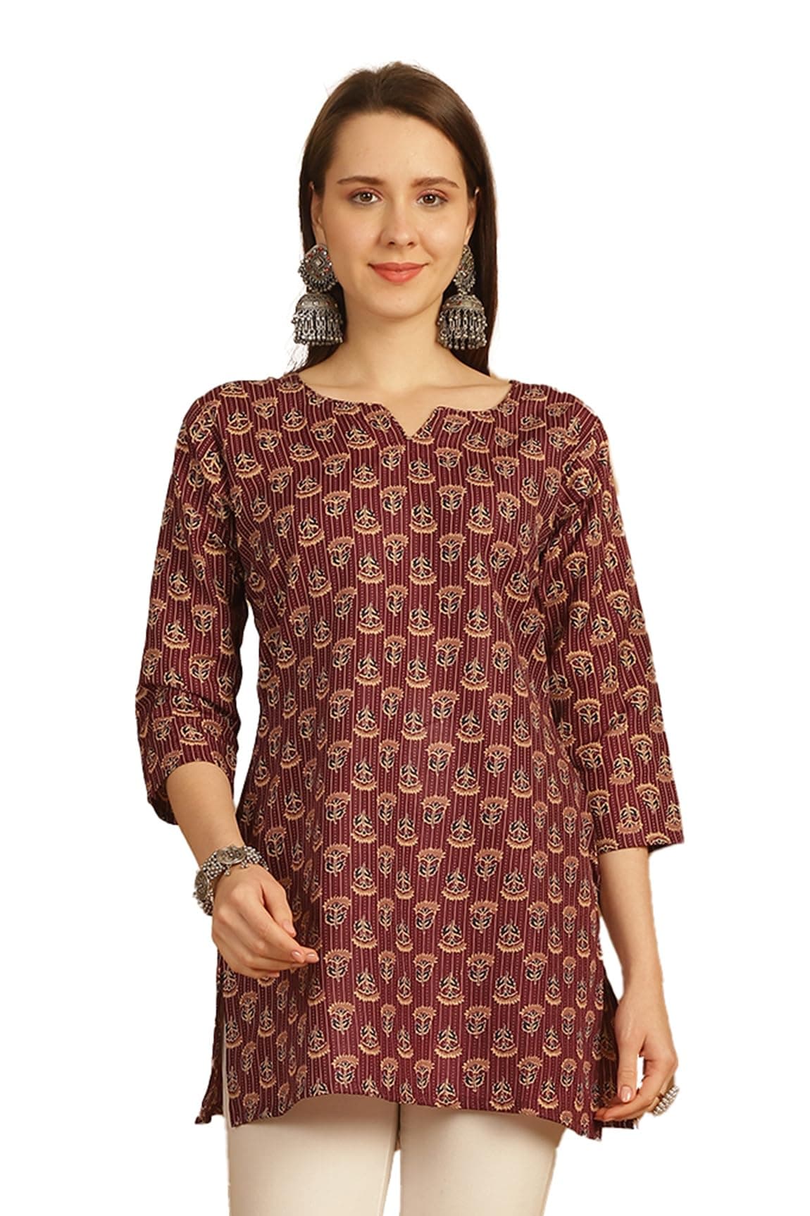 Rajnandini Women Cotton Straight Fit Foil Printed Tunic Shirt (Joplst703-S_Wine_Small)