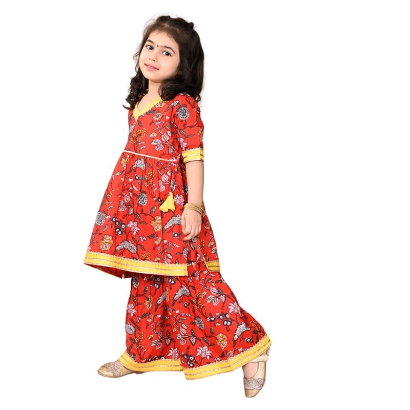 superminis Girls Cotton Floral Printed Gota Patti Work Half Sleeves Kurti and Sharara (6-12 Months, Red)