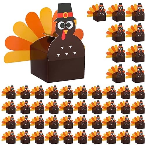 Cholemy 50 Pcs DIY Thanksgiving Treat Boxes Turkey Goodies Candy Box Cupcake Box Party Favor for Table Centerpiece 236x236x197