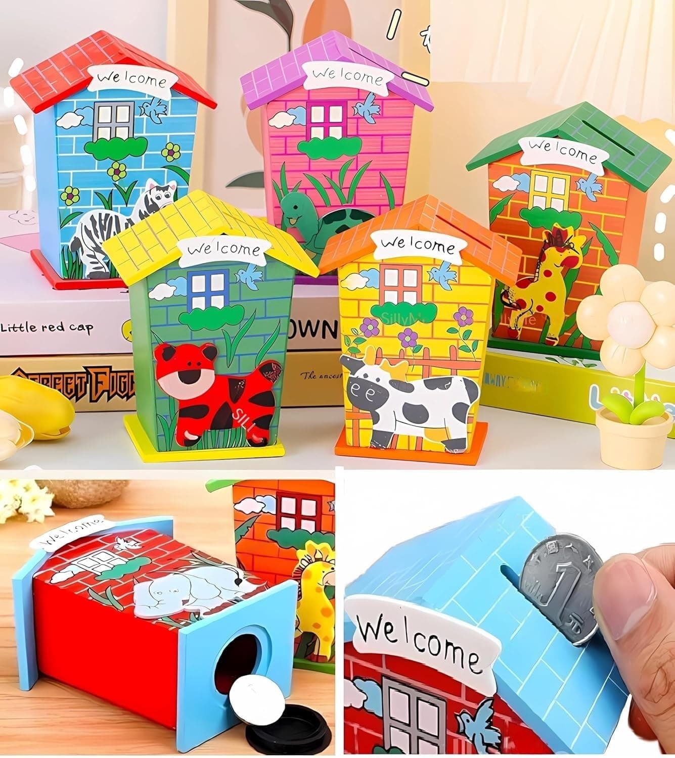 Wooden Piggy Banks - Return Gifts Birthday Party for Kids, Colourful Animal Hut Shaped Coin Banks - Return Gift for Kids Birthday Christmas,Diwali Age 6-10 (Pack of 6)