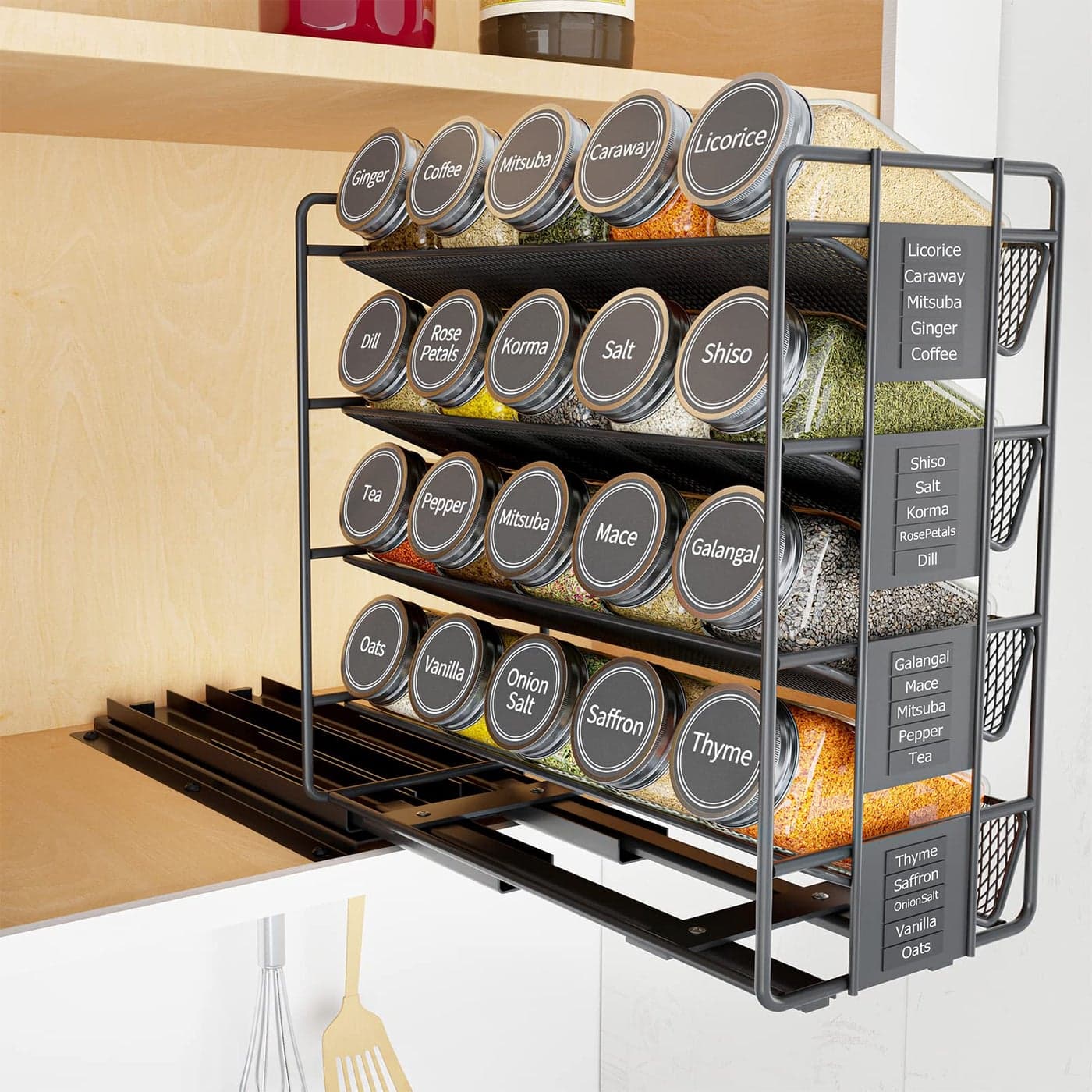SpaceAid Pull Out Spice Rack Organizer with 20 Jars Heavy Duty Slide Out Seasoning Organizer for Kitchen Cabinets with 801 Labels and Chalk Marker Left Facing