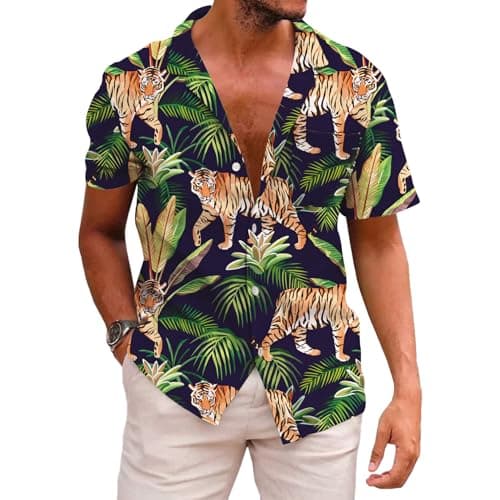KYKU Tiger Button Down Shirt Men Cute Summer Shirts with Pockets, Green Palm Leaves, L