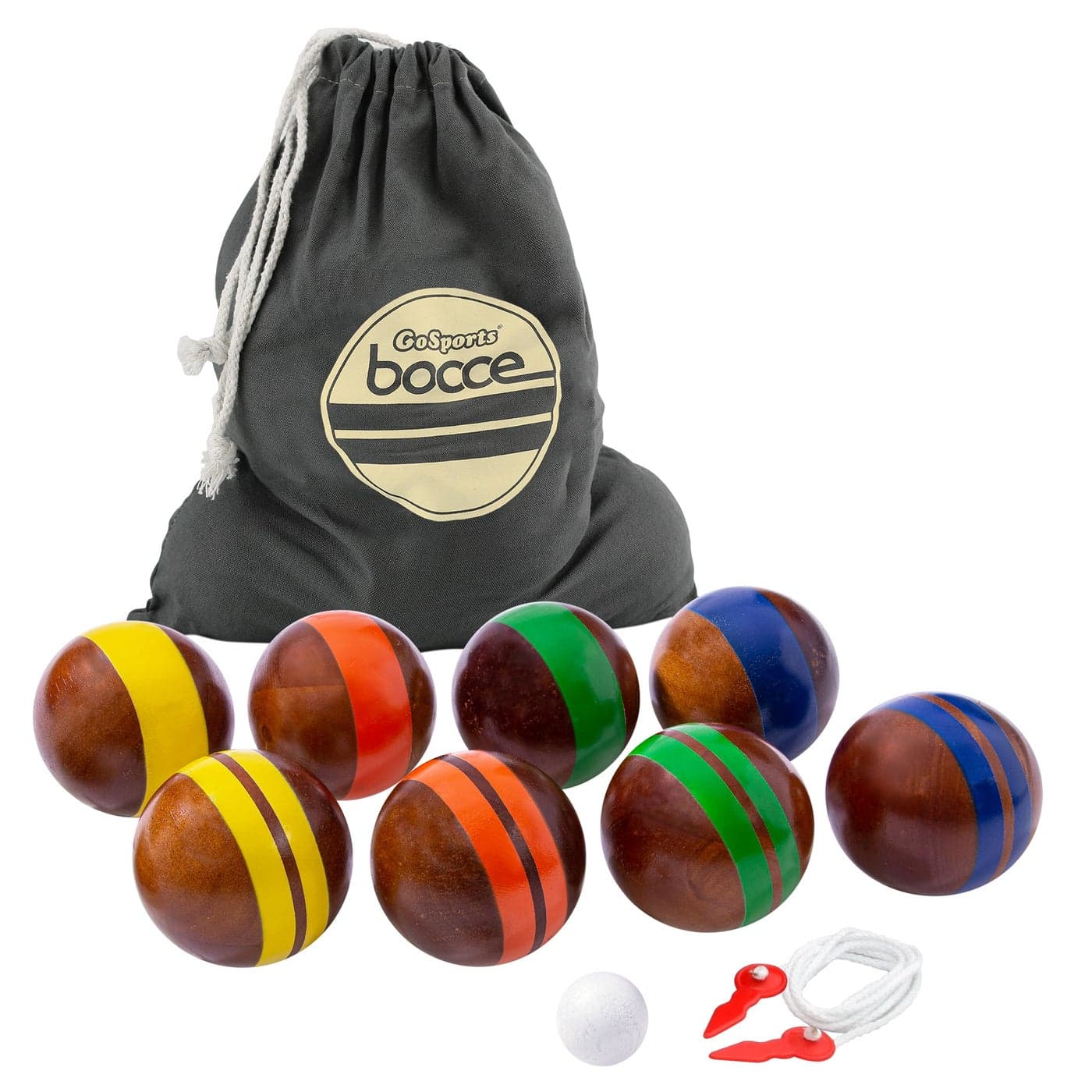 GoSports 100 mm Hardwood Bocce Set with 8 Premium 12 oz Wood Balls Pallino Case and Measuring Rope