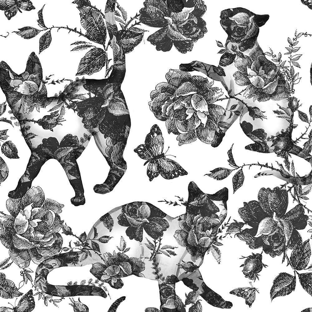 MuralPeel Black White Vintage Floral Cat Animals Butterfly Peel and Stick Wallpaper Self Adhesive Removable Easy Peel Off Contact Paper Stick on Wall Paper for Bedroom Cabinet Renter Friendly