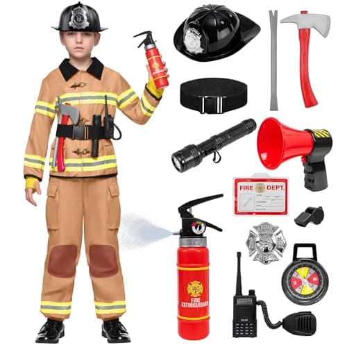 Spooktacular Creations Halloween Boys Fireman Costume, Firefighter Costume for Kids, Brown Toddler Fireman Jumpsuit Accessories Set for Dress-up and Roleplay Party (3T, 3-4 yrs)