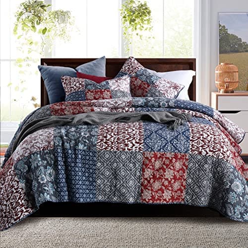 Secgo King Size Comforter Set 100 Cotton Quilt King Size Set Burgundy bedspreads 96 108 Inch with 2 Pillow Shams Patchwork Reversible Lightweight Bedding
