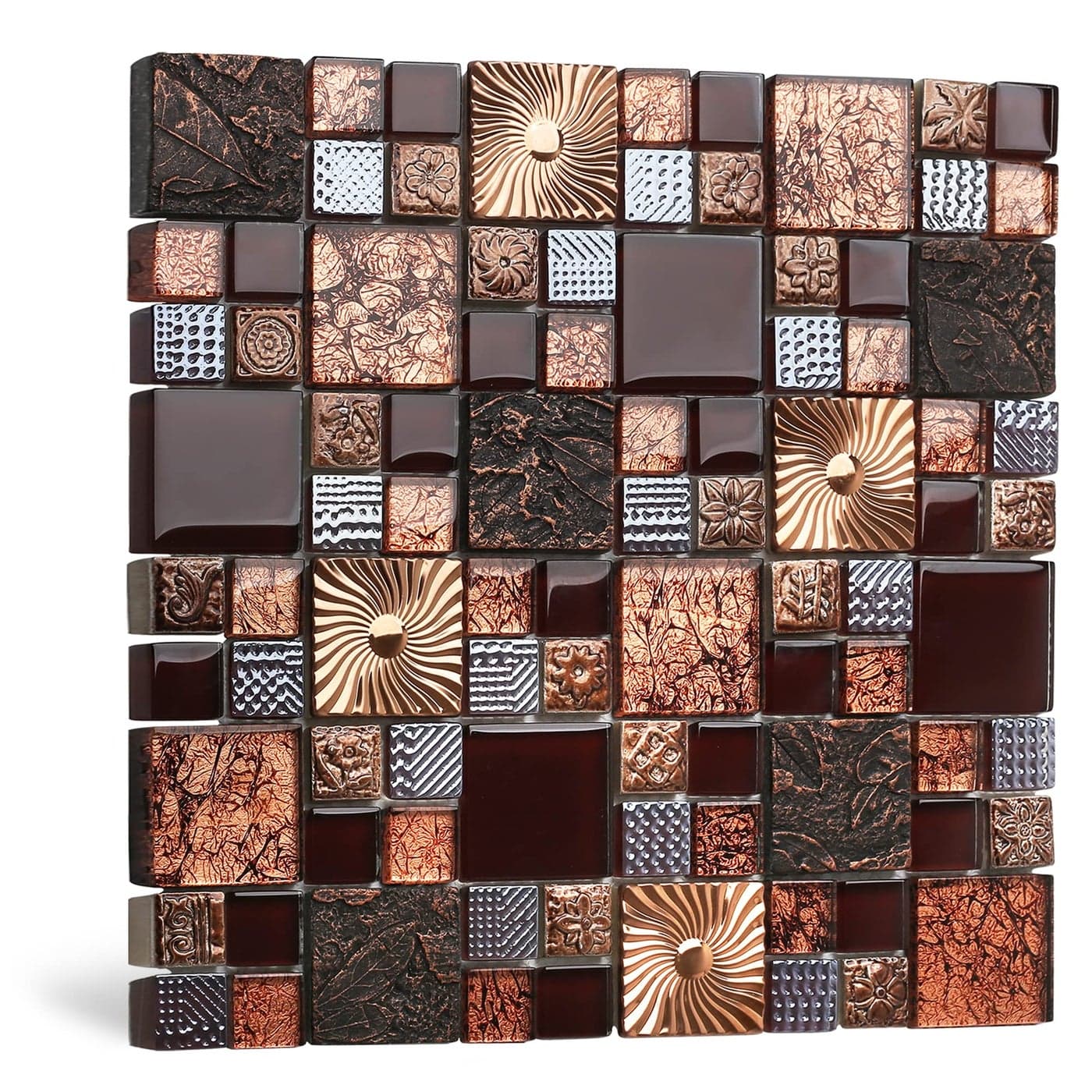 Blujellyfish Red Wine Colors Glass Tile 2 x 2 Leaf Carving Imprints Antique Mosaics Textured Rose Gold Metal Kitchen Bathroom Walls Backsplash Tiles Pack of 5 Square Feet