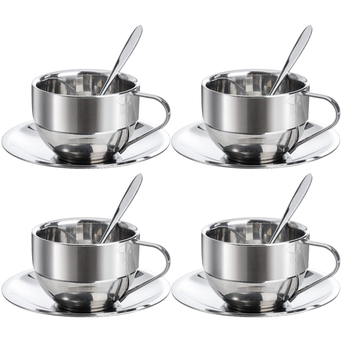 Okllen 4 Pack Stainless Steel Coffee Cup Set 6 Oz Coffee Mugs with Spoon and Saucer Double Walled Espresso Cups Mugs for Coffee LatteTea Milk