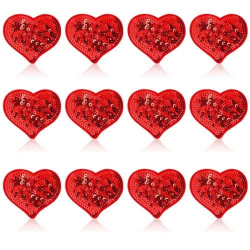 12pcs Sequin Heart Iron on Patches Valentines Day Clothing Embroidered Colorful Shiny Red Heart Sew on Patches Applique Repair Patch DIY Crafts for Clothing Jacket Jeans Pants Dress Backpack Hat