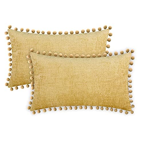 CaliTime Throw Pillow Covers Decorative 20 X 12 Inches Pack of 2 Cozy Solid Dyed Soft Chenille Cushion Cases with Pom Poms for Couch Sofa Bed Living Room Home Gold