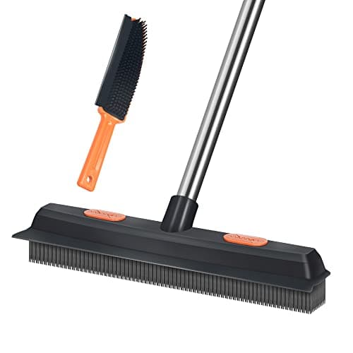 LandHope Carpet Rake for Pet Hair Remover Long Handle with Squeegee Rubber Broom Carpet Brush Non Scratch Bristles Fur Remover Indoor Outdoor Push Broom for Cat Dog Hair Hardwood Tile Windows Clean