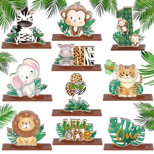 Barydat 10 Pcs Safari Jungle Animal Table Centerpieces Wooden Centerpiece Decorations with Stands for Tables First Birthday Baby Shower Party Decor for Boys