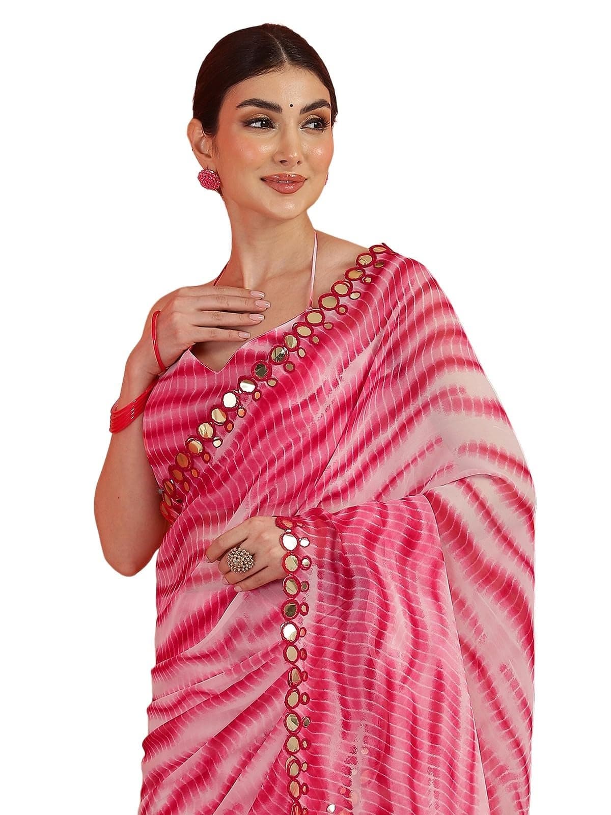 Satrani Women's Georgette Printed Mirror Work Scalloped Border Saree with Unstitched Blouse Piece (4559S103N_Pink)