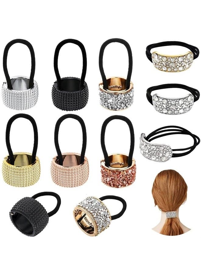 8 Pieces Rhinestone Hair Ponytail Holder Glitter Ponytail Accessories Large Pony Tail Holders Gothic Punk Elastic Hair Tie Band Plastic Metal Ponytail Holder Cuffs for Women Girls, Mixed Colors