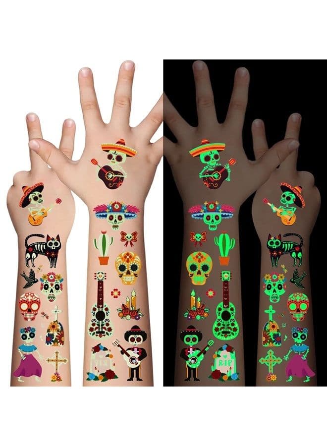Day of the dead tattoo stickers, 10 pieces of 100 kinds of children's cartoon luminous temporary tattoos, sugar skeletons, skeletons, gemstones, flowers, skeletons, red roses, skeletons clothing makeu