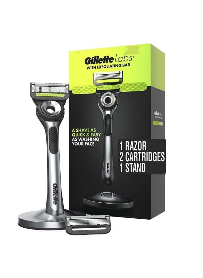 Labs Mens Razor with Exfoliating Bar, Shaving Kit for Men, Includes 1 Handle, 2 Razor Blade Refills, 1 Premium Magnetic Stand