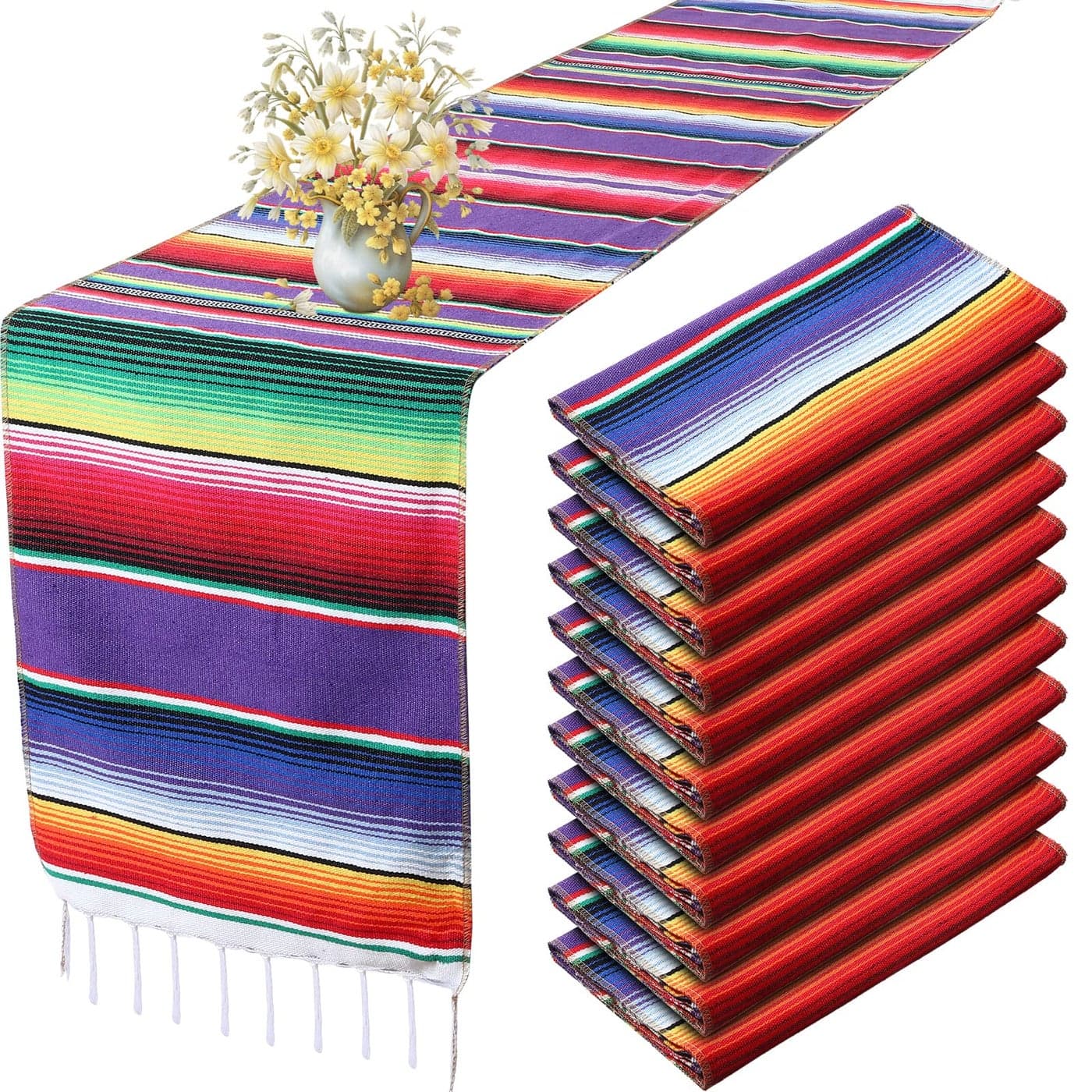 Tegeme 12 Pcs Mexican Table Runners 14 x 84 Inch Mexican Serape Table Runner Decor Blanket Fringe Cotton Table Runner Decoration for Cinco De Mayo Party WeddingClassic Style