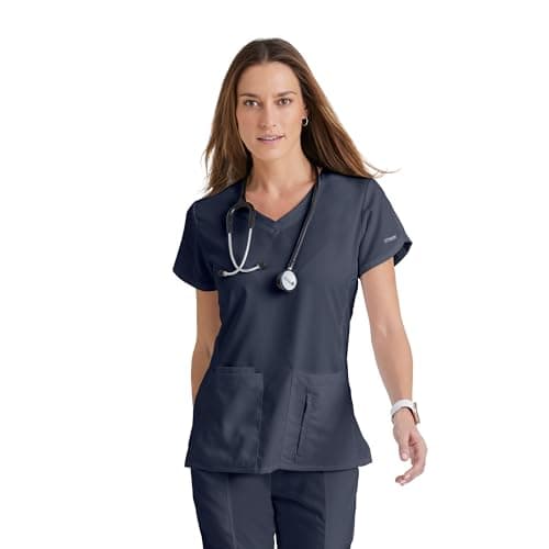 Grey’s Anatomy by BARCO Classic Cora Scrub Top for Women – Steel, 4-Pocket Crossover V-Neck Scrub Shirt with Natural Stretch, Soil Release Fabric, and Super-Soft Finish – XXS, Regular Fit