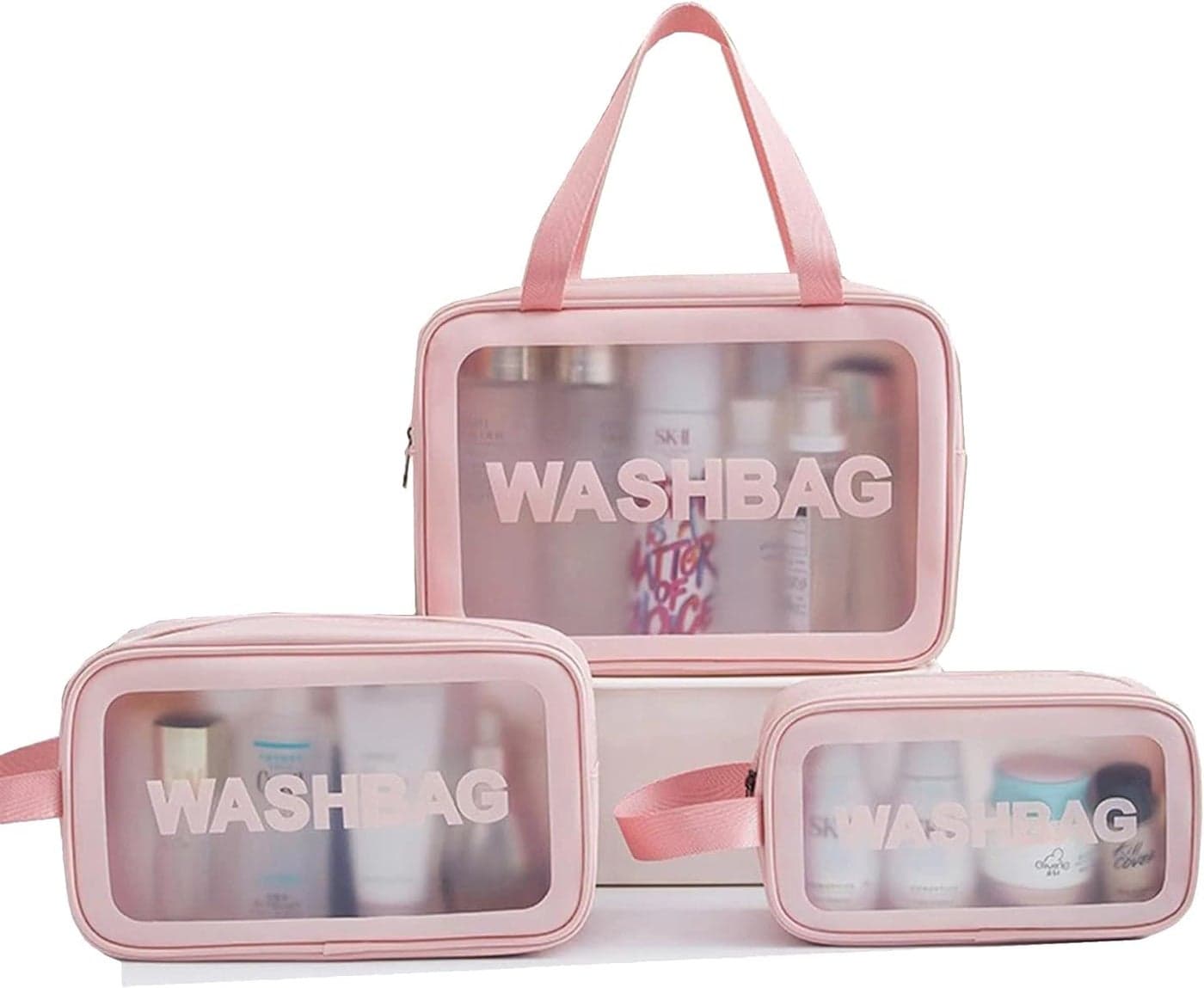 Cosmetic Bag Set by BANISTROKES Clear Travel Pouch with Toiletry Kit Makeup Bag for Women Set of 4 Pink