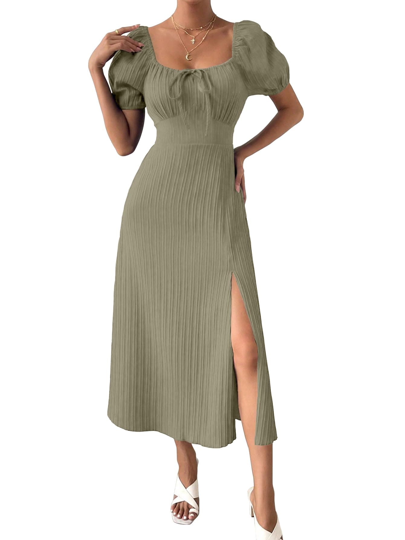 Shasmi Women's & Girl's Pista Green Tie Front Split Thigh Milkmaid Maxi Dress – Square Neck Puff Sleeve A-Line Long Dress, Elegant Casual & Parties Wear for Ledies (Dress 245 Pista Green-2XL)